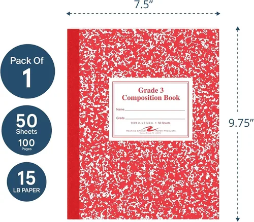 Vista 3 de Roaring Spring Libro de composición de productos de papel, grado 3 rayado, 50 hojas, 9-3/4 x 7-3/4 pulgadas, rojo (ROA77922)