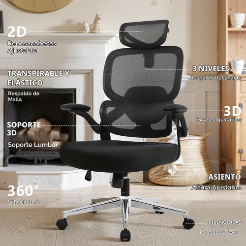 Vista 5 de Silla de oficina ajustable, silla de computadora ergonómica con soporte lumbar y reposacabezas, silla ejecutiva de respaldo alto con función