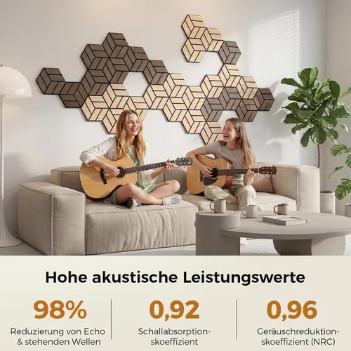 Vista 2 de Pack of 24 Hexagon Acoustic Panels, Self-Adhesive, 30 x 26 x 0.9 cm, High Density Sound Absorber Wall, Sound Insulation Panels for Studio, Office