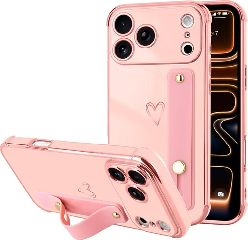 Vista 23 de LLZ.COQUE Funda compatible con iPhone 12 para mujeres y niñas, parachoques chapado de lujo con bonito diseño de corazón de amor, soporte de correa