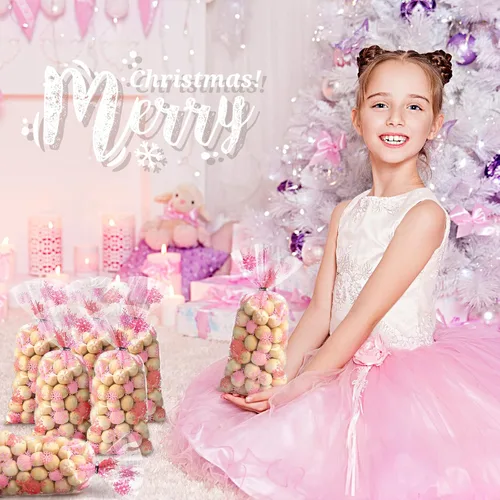 Vista 4 de Clabby 100 Piezas Bolsas de Celofán para Dulces de Navidad Rojas Verdes con Copos de Nieve Bolsas de Plástico Cello para Dulces y Golosinas