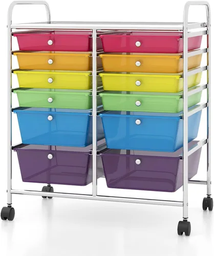 Vista 12 de COSTWAY Carrito de almacenamiento rodante con 4 cajones, carrito de almacenamiento de plástico y organizador con 4 cajones extraíbles, carrito