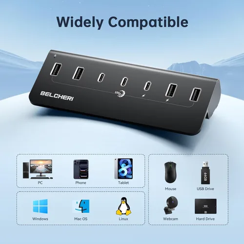Vista 6 de Hub USB alimentado de 7 puertos, divisor USB de datos de alta velocidad de 10 Gbps (4 puertos USB-A y 3 puertos USB-C), concentrador de aluminio