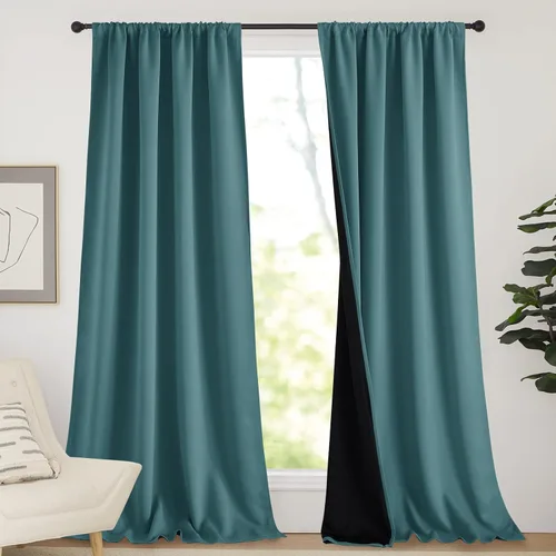 Vista 105 de NICETOWN Biscotti Beige 100% Cortinas opacas de 45" de largo para cocina, bolsillo con varilla para sótano completamente opaco, cortinas térmicas
