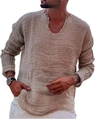 Vista 6 de Camisas casuales de lino para hombre, de manga larga, cuello en V, a la moda, playa, vacaciones, sueltas, lisas, ligeras, básicas