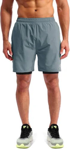 Vista 2 de Pudolla Mens 2 in 1 Running Shorts 7" Quick Dry Gym Athletic Workout Shorts for Men with Phone Pockets