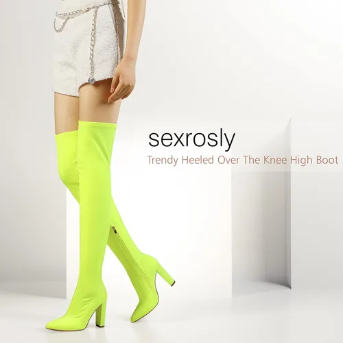 Vista 5 de Thigh High Boots for Women Chunky High Heel Over The Knee Boots Stretch Pointed Toe GO GO Knee High Boot