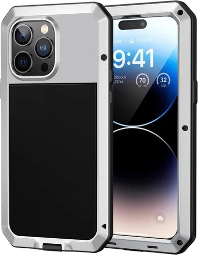 Vista 12 de Lanhiem Funda de metal para iPhone 14, resistente a los golpes, con protector de pantalla de vidrio integrado, 360º cuerpo completo a prueba de Negro