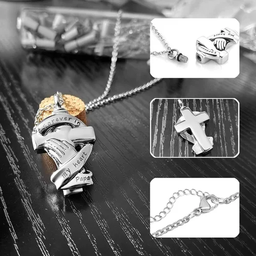 Vista 2 de Collar de urna con cruz de manos rezando, cenizas, cremación, conmemorativo, de acero inoxidable, colgante de recuerdo, joyería Forever in My Heart