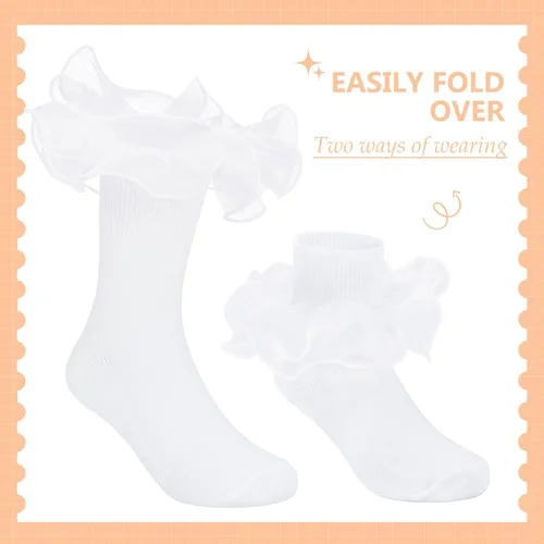 Vista 3 de Zando Calcetines grandes con volantes para niñas, calcetines de vestir con doble encaje, bonitos calcetines de encaje para niños pequeños y niños