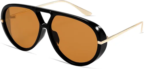 Vista 9 de Lentes de sol estilo aviador retro dorados para mujeres y hombres, 2025 de metal de gran tamaño de los años 70, gafas de sol negras