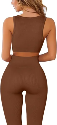 Vista 2 de QINSEN Conjuntos de entrenamiento para mujer, 2 piezas, acanalados, sin costuras, sin mangas, cintura alta, leggings de yoga