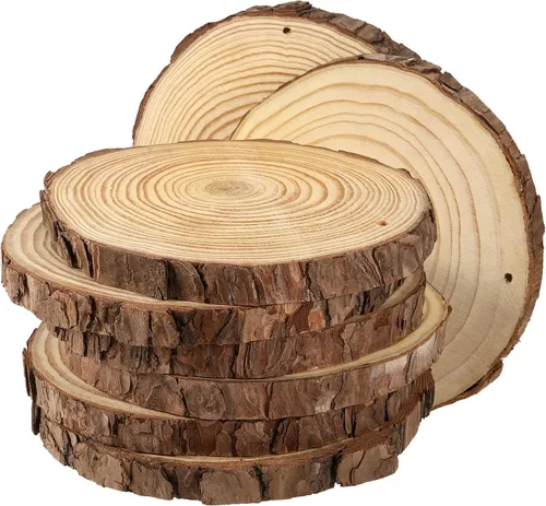 Vista 11 de JEUIHAU 6 piezas de rebanadas de madera natural sin terminar de 8 a 10 pulgadas, discos redondos de madera para corteza de árbol, círculos de madera