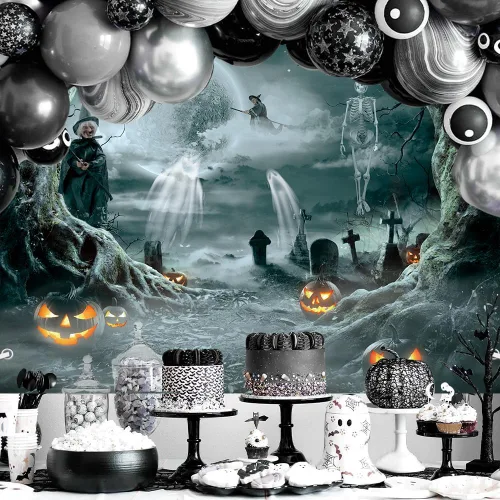 Vista 4 de MEHOFOND Telón de fondo de calabaza de Halloween de 7 x 5 pies para fotografía, bosque de terror, luna llena, noche de cementerio, fondo