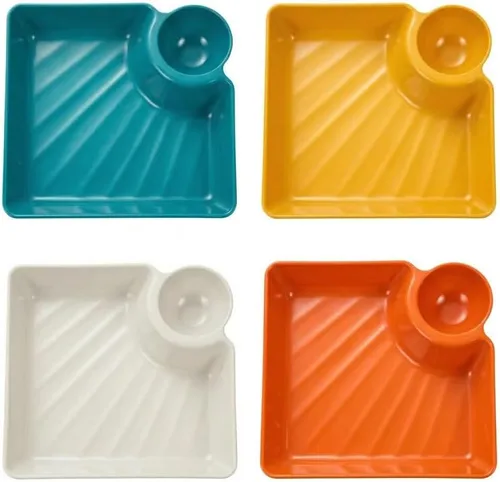 Vista 8 de Juego de 4 tazones de patatas fritas y de inmersión, platos de plástico reutilizables para servir aperitivos con compartimento de salsa integrado