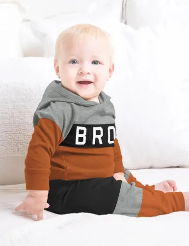Vista 4 de Tomolant Baby Boy Clothes Long Sleeve Romper, Letter Print Hooded Sweatshirt +Patchwork Pants 2pcs Fall Winter Outfits