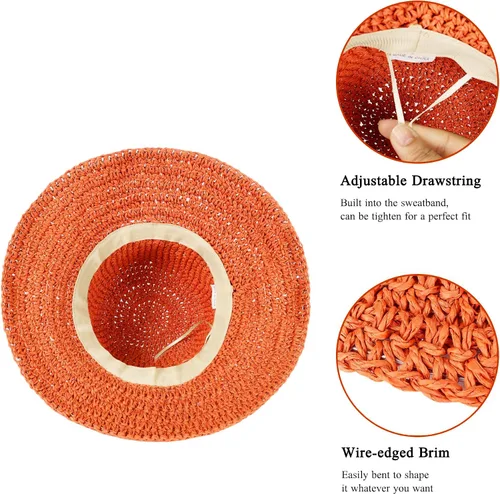 Vista 4 de Sombrero de paja para mujer, plegable, plegable, de ala ancha, para verano, playa, sombrero de ganchillo