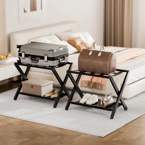 Vista 2 de HITNET Portaequipajes para habitación de invitados, soporte de maleta plegable, soporte de equipaje de hotel de bambú con estante de almacenamiento