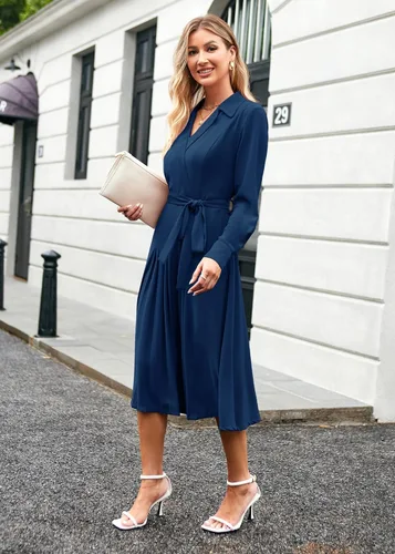 Vista 6 de GRACE KARIN Vestidos plisados de manga larga para mujer, con cuello en V, fluidos, para negocios, casual, acampanado, para negocios
