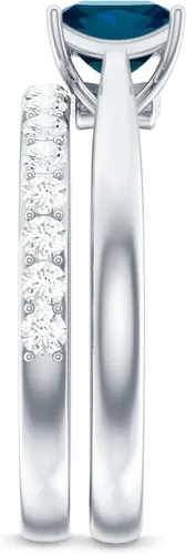 Vista 17 de Juego de anillos de boda de topacio azul Londres con diamante, juego de anillos solitarios de topacio azul de corte princesa para mujer (calidad AAA)