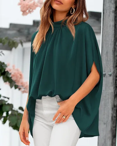 Vista 42 de BTFBM Blusas de verano para mujer, cuello alto falso, manga murciélago, holgadas, dobladillo alto y bajo, blusas informales de gran