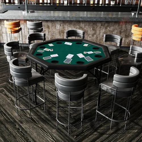 Vista 7 de Mesa de póquer plegable, mesa de cartas octágono con soporte para tazas, mesa de ocio de casino, mesa de póquer Texas Hold 'Em plegable para juego