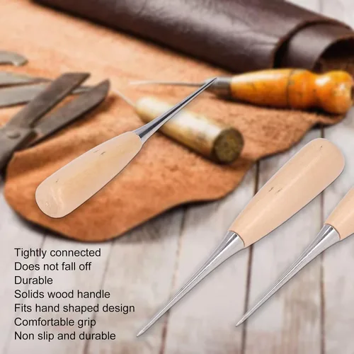 Vista 3 de Punzón de cuero para bricolaje, 3 piezas de punzón de cuero con mango de madera, juego de herramientas de perforación de cuero para reparar