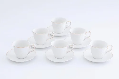 Vista 4 de Royal Porcelain Elegantes tazas y platillos de café expreso de porcelana blanca, 12 piezas, 3 onzas, mini taza con borde dorado, perfecto