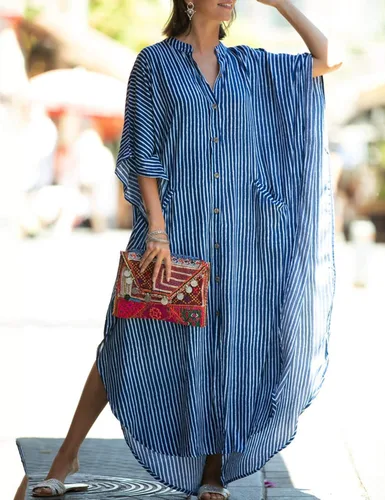 Vista 3 de Chunoy Vestido tipo caftán para mujer, casual, holgado, ligero, con cuello en V, con botones