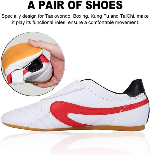 Vista 7 de Dilwe Taekwondo Zapatos, Cuero PU Taekwondo Zapatos de Boxeo Gimnasio Artes Marciales Zapatos para Adultos (38) Rojo, Rojo