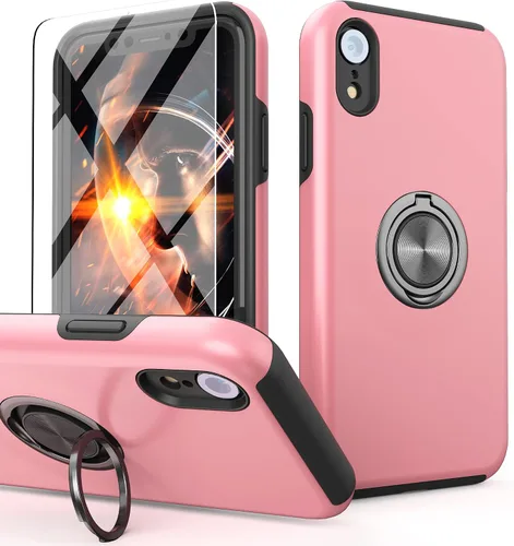 Vista 11 de Funda compatible con iPhone XR con protector de pantalla de vidrio templado para hombres, funda protectora ligera 2 en 1 con soporte de anillo