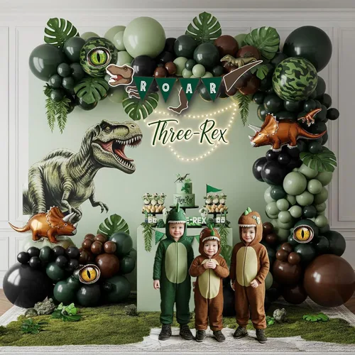 Vista 4 de Decoraciones de Fiesta de Cumpleaños de Dinosaurio kit de arco de globos verde cazador negro marrón con mini globos de papel de aluminio de dino