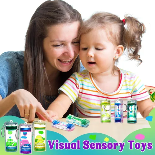 Vista 5 de Equsion 6 llaveros líquidos con burbujas de movimiento, juguetes sensoriales con temporizadores líquidos, regalos para estudiantes de fin de año