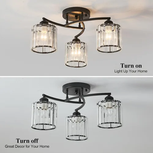 Vista 2 de Candelabro de cristal negro, lámpara de techo de 3 luces, accesorio de iluminación moderno para sala de estar, comedor, dormitorio