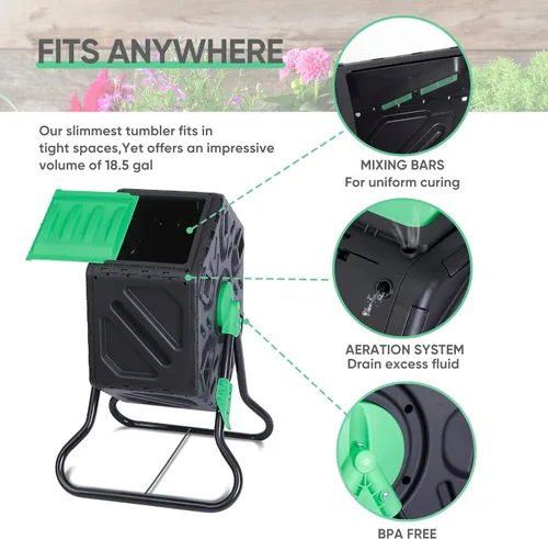 Vista 6 de Contenedor de compostaje giratorio con puertas correderas, contenedor de compostaje de una sola cámara, resistente para jardinería al aire libre