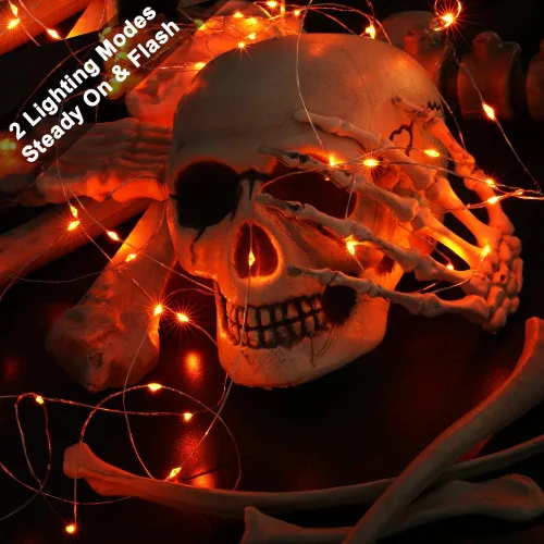 Vista 3 de BrizLabs Luces naranjas de Halloween, paquete de 4 luces LED de 19.47 pies, 60 luces LED naranjas, 2 modos de batería, cadena de luces de Halloween