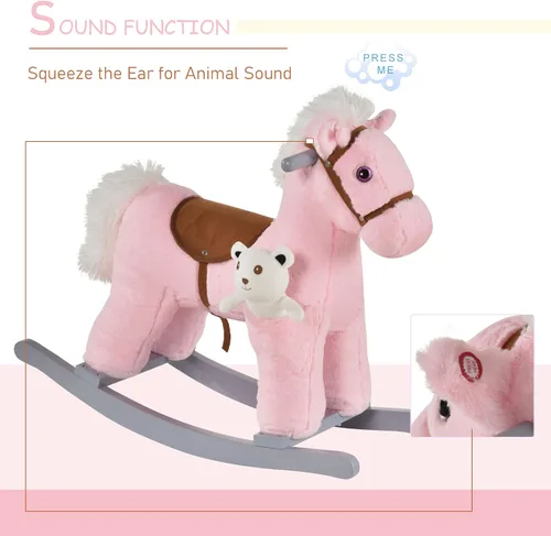 Vista 3 de Qaba Caballo mecedor de peluche para niños con juguete de oso, silla para niños con juguete de felpa suave y divertidos sonidos realistas, rosa