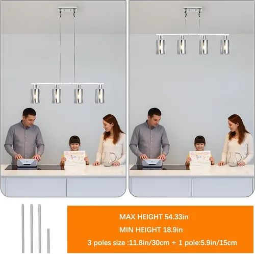 Vista 4 de Iluminación de isla de cocina de 4 luces, lámpara cromada para comedor, luz de isla para colgar sobre la mesa para candelabros lineales de granja