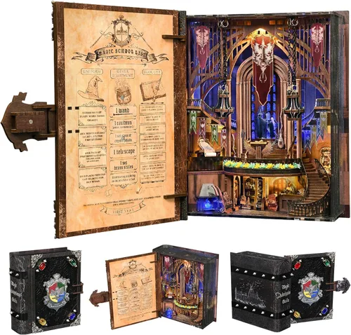 Vista 12 de MiniCity Kit de rincón de libros, kit de bricolaje en miniatura para casa de muñecas, rompecabezas de madera 3D, decoración con luz LED