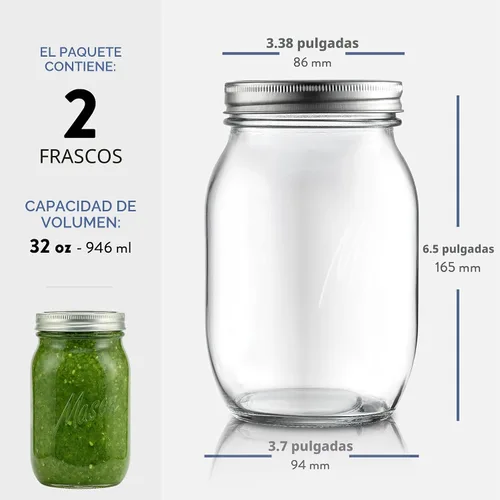 Vista 7 de Paksh - Tarros Mason de boca ancha de 32 onzas, tarros Mason con tapas, paquete de 2 32 oz mason jars, glass quart mason jars wide mouth with