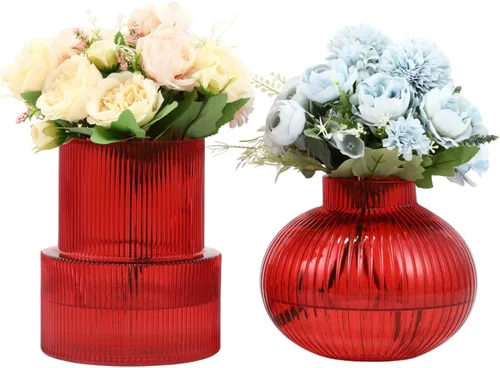 Vista 79 de Jarrones de vidrio acanalado, juego de 2 jarrones estriados para flores, florero de vidrio ámbar para tulipanes, jarrón moderno para sala de estar