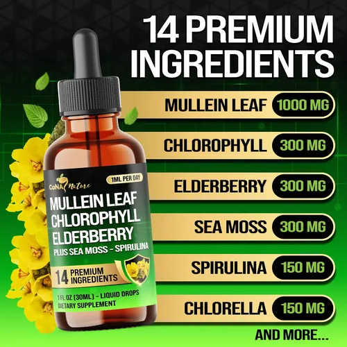 Vista 3 de Gotas líquidas de gordolobo 14 en 1 con gordolobo, saúco, musgo marino, espirulina, clorella, malvavisco, cereza ácida, flor de la pasión y más