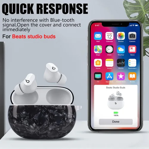 Vista 4 de Diseño de carcasa de mármol con purpurina para Beats Studio Buds con cadena de muñeca de perla, llavero con cubierta protectora de piel brillante