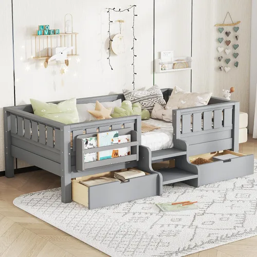 Vista 16 de Bellemave Cama Montessori Twin Kids con escaleras, estantería y cajones, beige Cajón beige