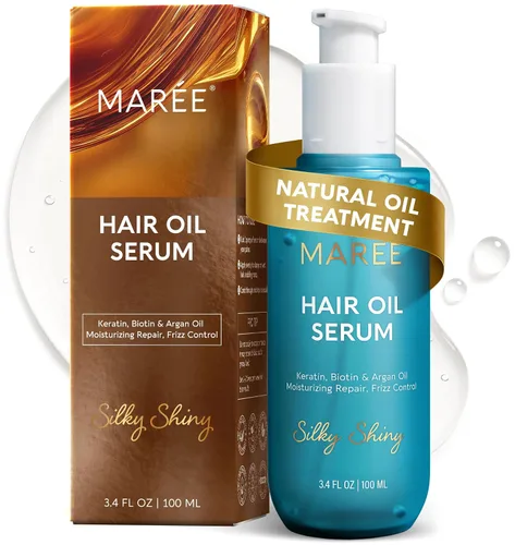 Vista 14 de MAREE Aceite para el cabello encrespado con aceite de argán, queratina y biotina – Suero capilar para brillo de cabello seco y rizado – Productos