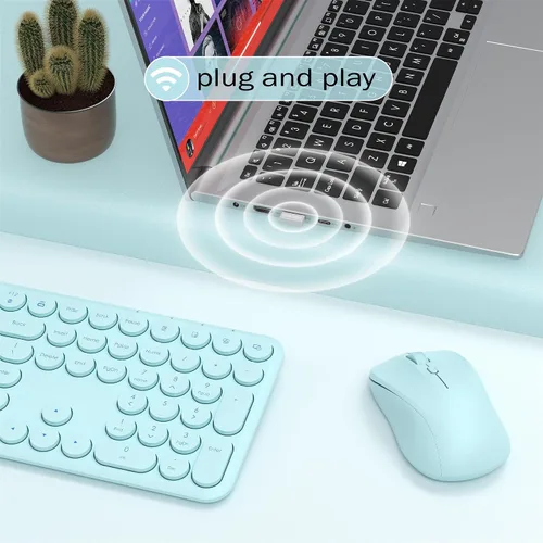 Vista 3 de Combo de teclado y mouse inalámbricos, 110 teclas silenciosas redondas, mouse óptico ajustable, 1 receptor USB, interruptor de alimentación