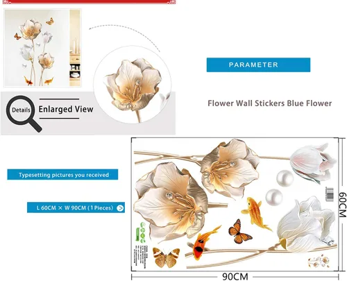 Vista 6 de Calcomanías de pared florales de flor de loto, calcomanías de pared de tulipán para sala de estar, decoración de pared extraíble para el hogar