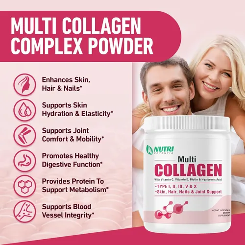 Vista 3 de Polvo de péptidos de colágeno múltiple - Tipo I, II, III, V, X con vitamina C, E y ácido hialurónico, cabello, piel, soporte de uñas, sin sabor, sin