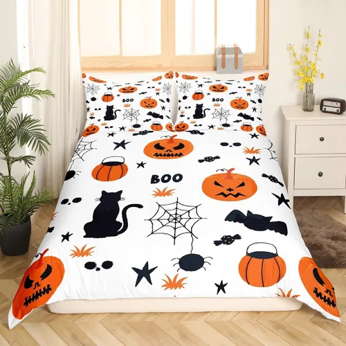 Vista 20 de Feelyou Funda de edredón de Halloween, tamaño individual, con 1 funda de almohada, decoración de Halloween, juego de ropa de cama con estampado