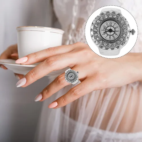 Vista 7 de Hemobllo Trend Fashion - Reloj de anillo para mujer, decoración de dedo de diamante, anillo